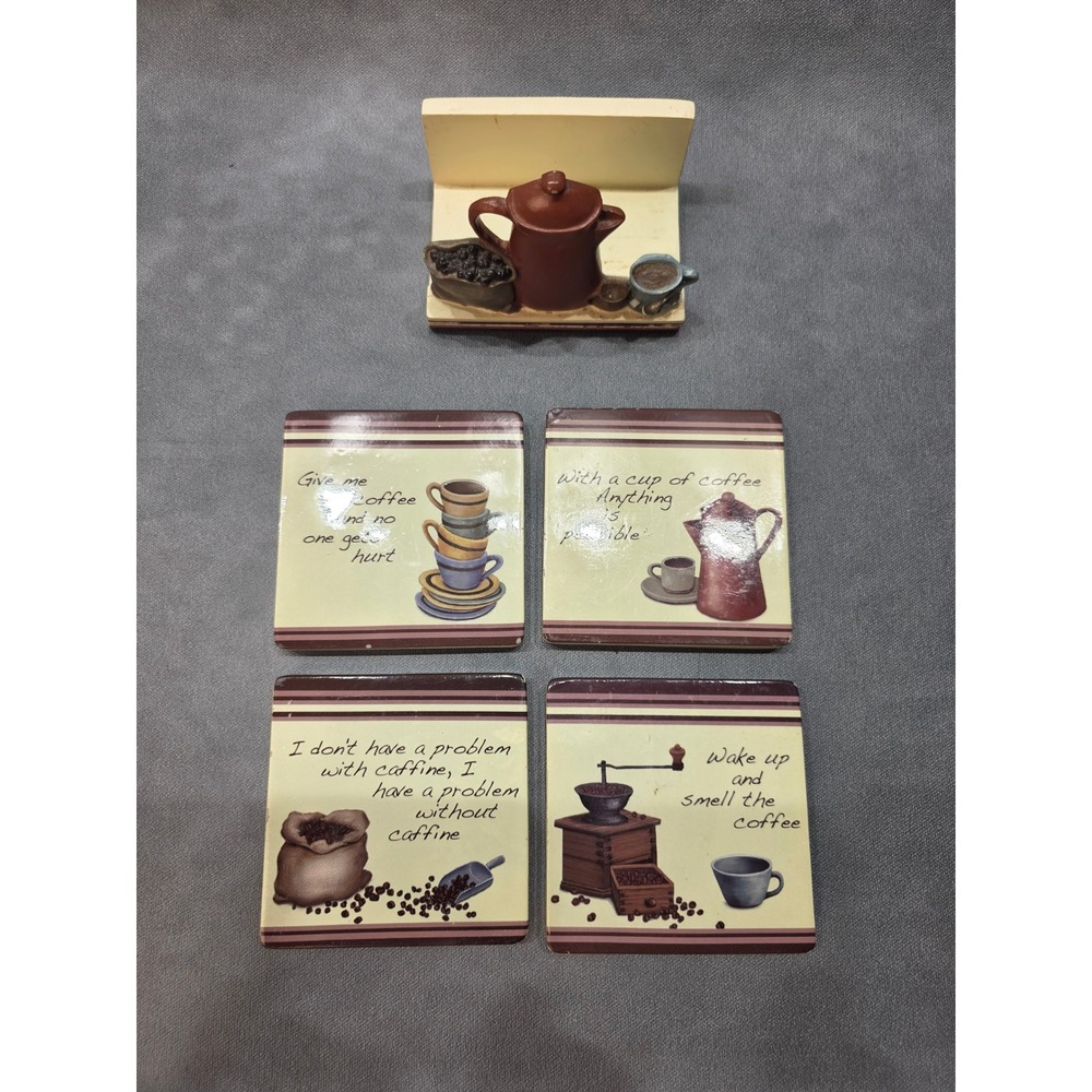 Vintage Coffee Coaster Set with Decorative 3D Resin Caddy 5 Piece Set Brown